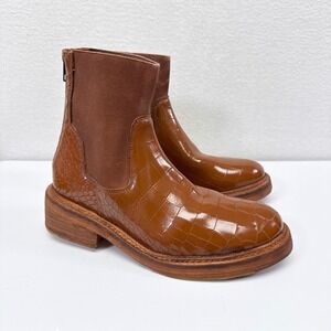 Free People Arlo Santa Fe Croc Embossed Leather Chelsea Ankle Boots Size 6 Brown